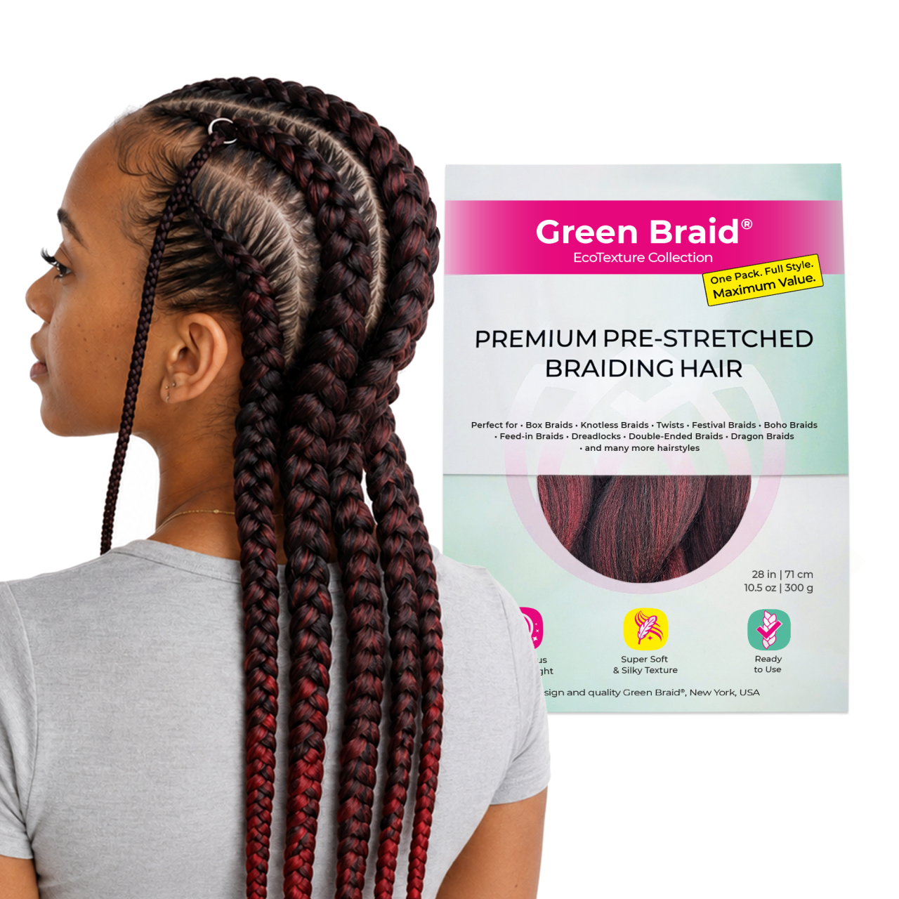 Burgundy Pre-Stretched Braiding Hair, 28 in (10.5 oz) — in use