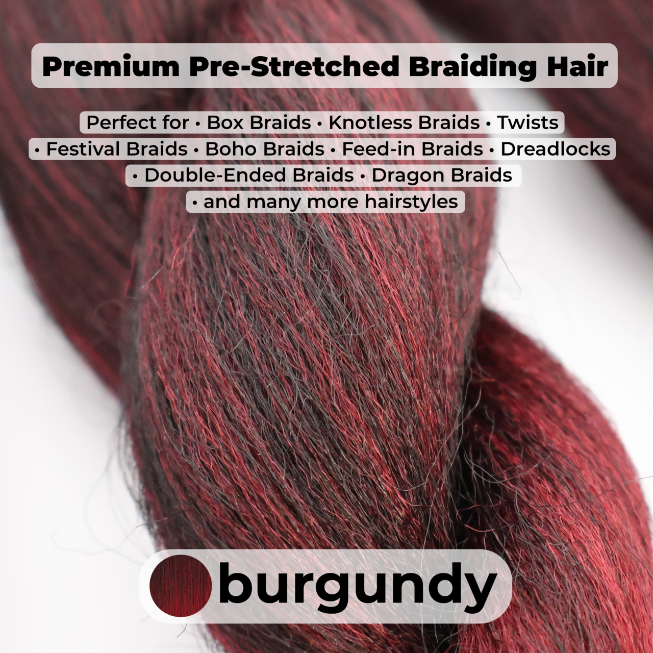 Premium Burgundy Pre-Stretched Braiding Hair, 28 in (10.5 oz) — styled look