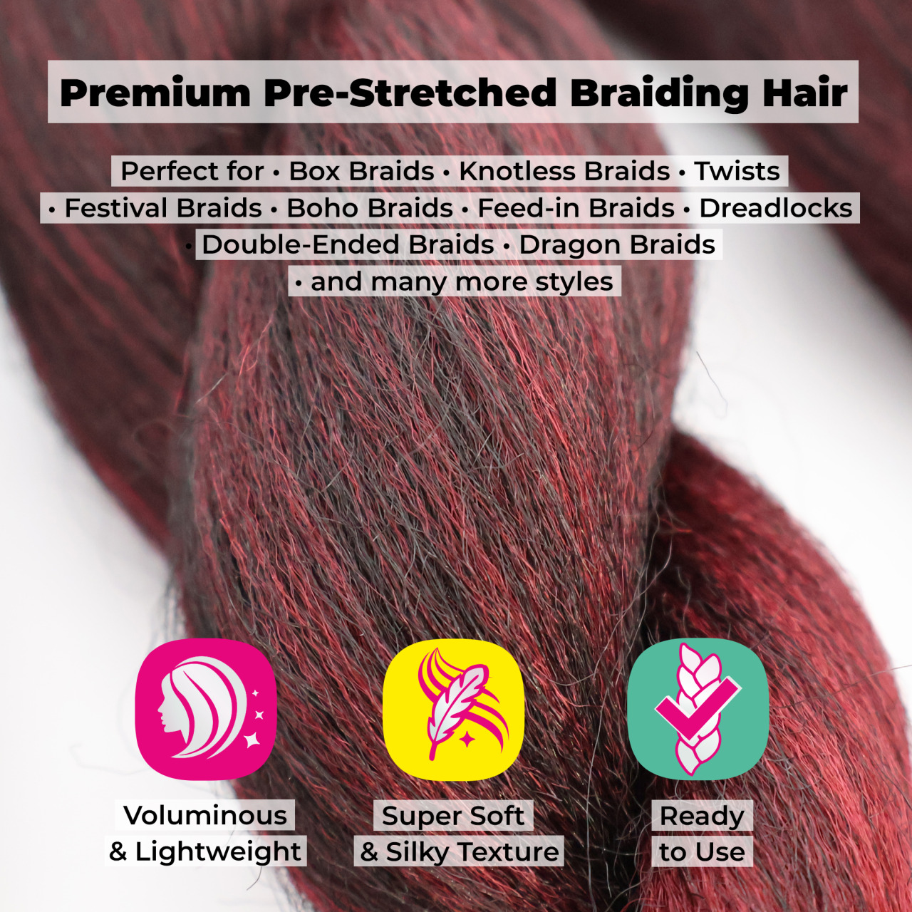 Premium Pre-Stretched Braiding Hair, Burgundy, 28 in, 10.5 oz