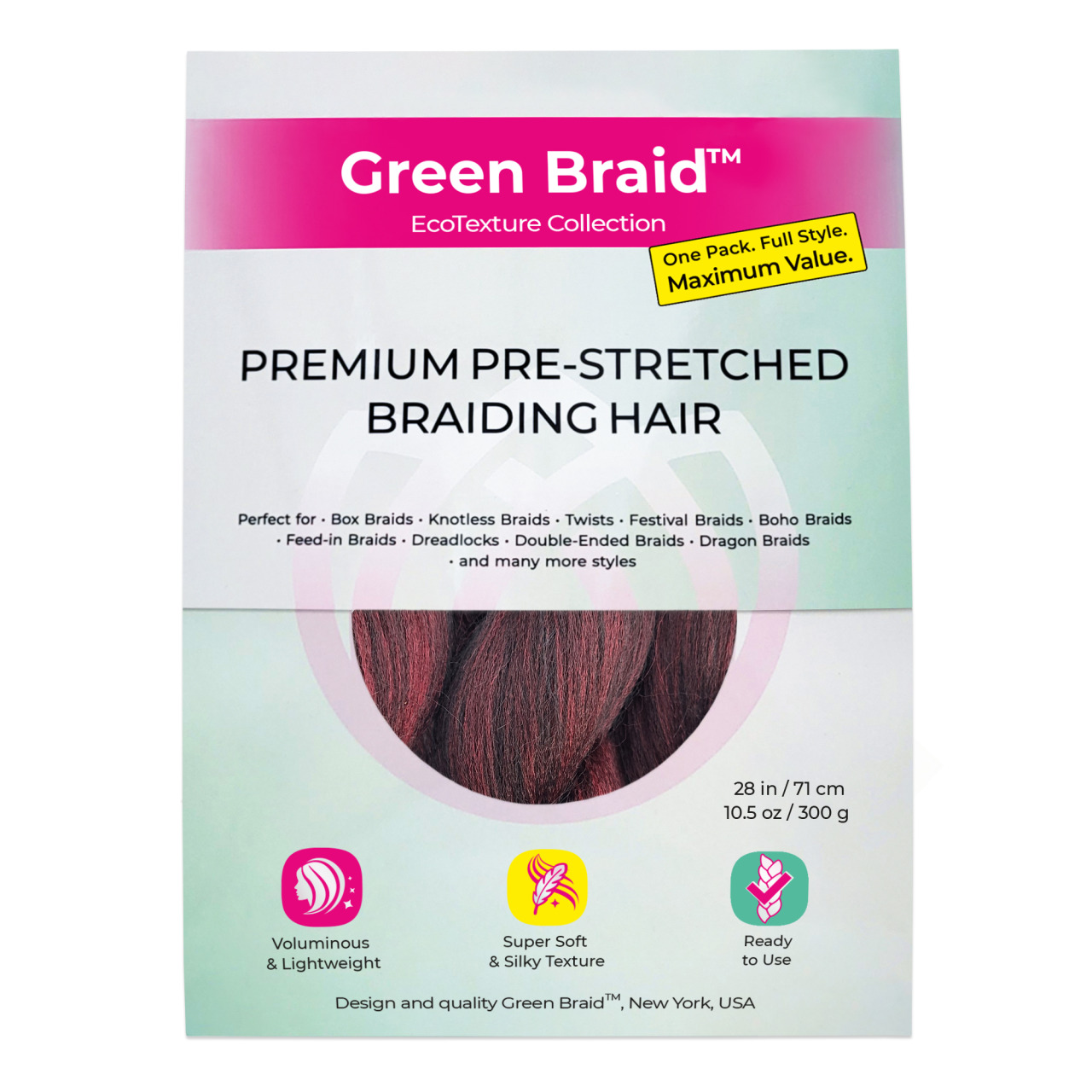 Premium Pre-Stretched Braiding Hair, Burgundy, 28 in, 10.5 oz