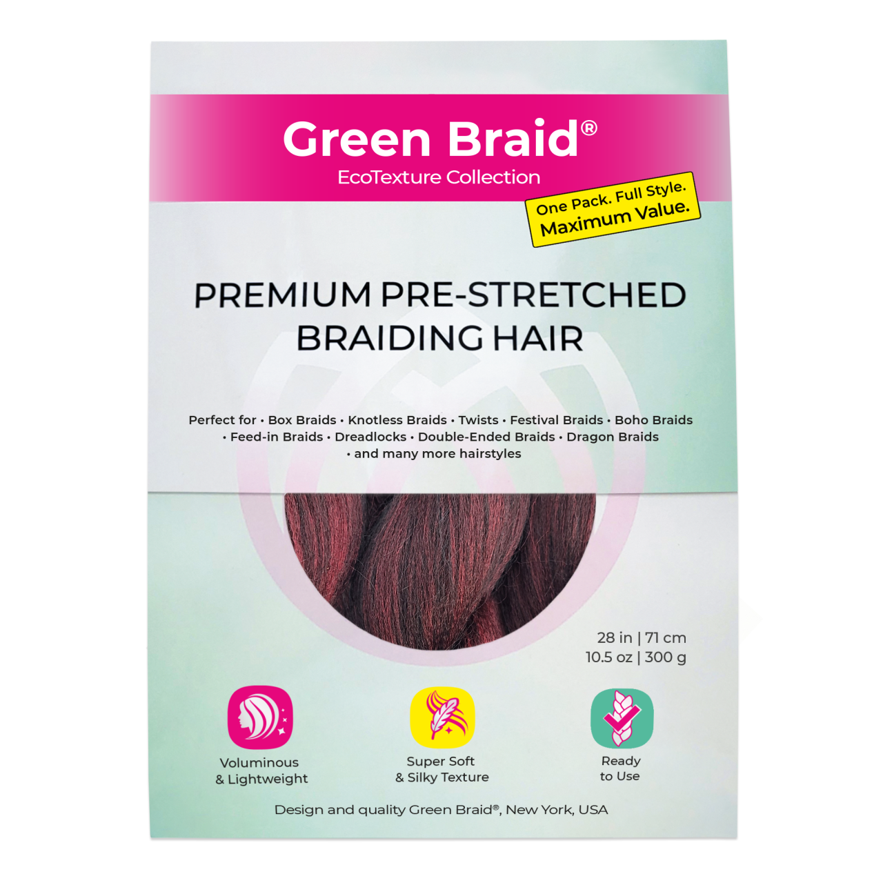 Burgundy Pre-Stretched Braiding Hair, 28 in (10.5 oz)
