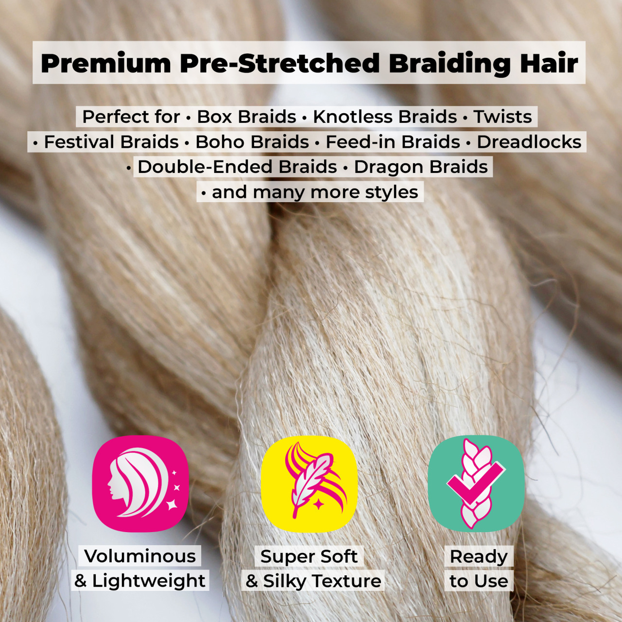 Premium Pre-Stretched Braiding Hair, Ombre Blonde, 28 in, 10.5 oz
