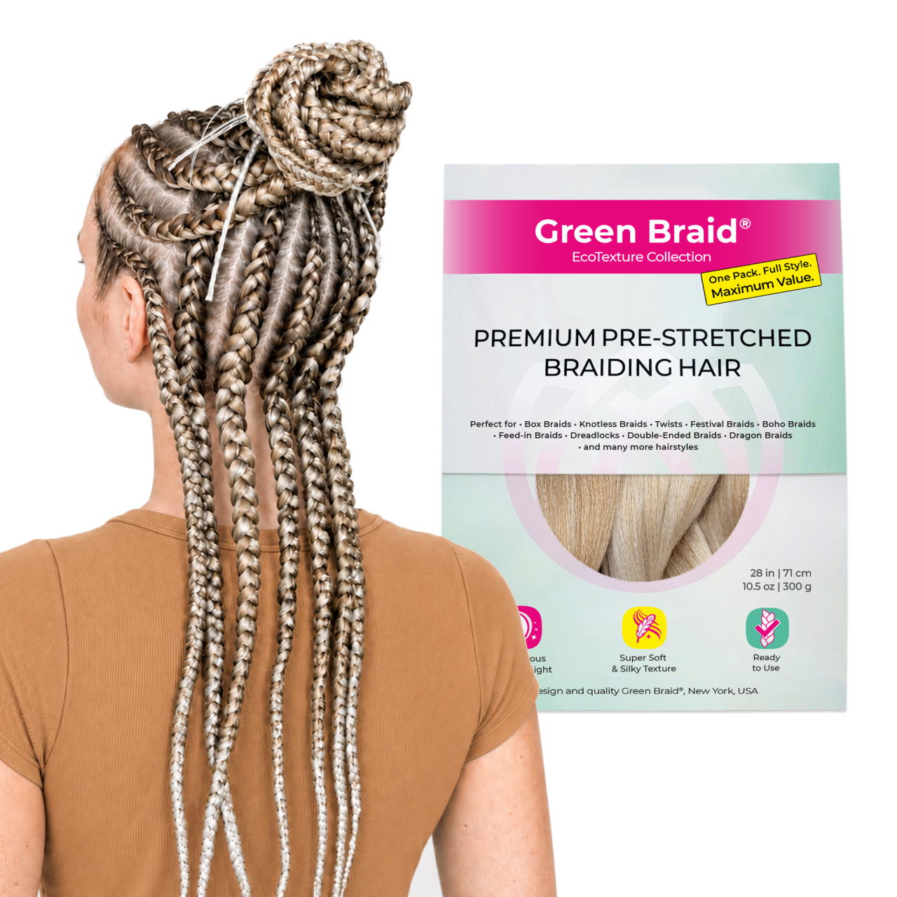 Ombre Blonde Pre-Stretched Braiding Hair, 28 in (10.5 oz) — in use