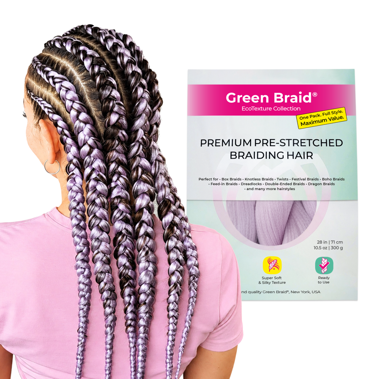 Light Purple Pre-Stretched Braiding Hair, 28 in (10.5 oz) — in use
