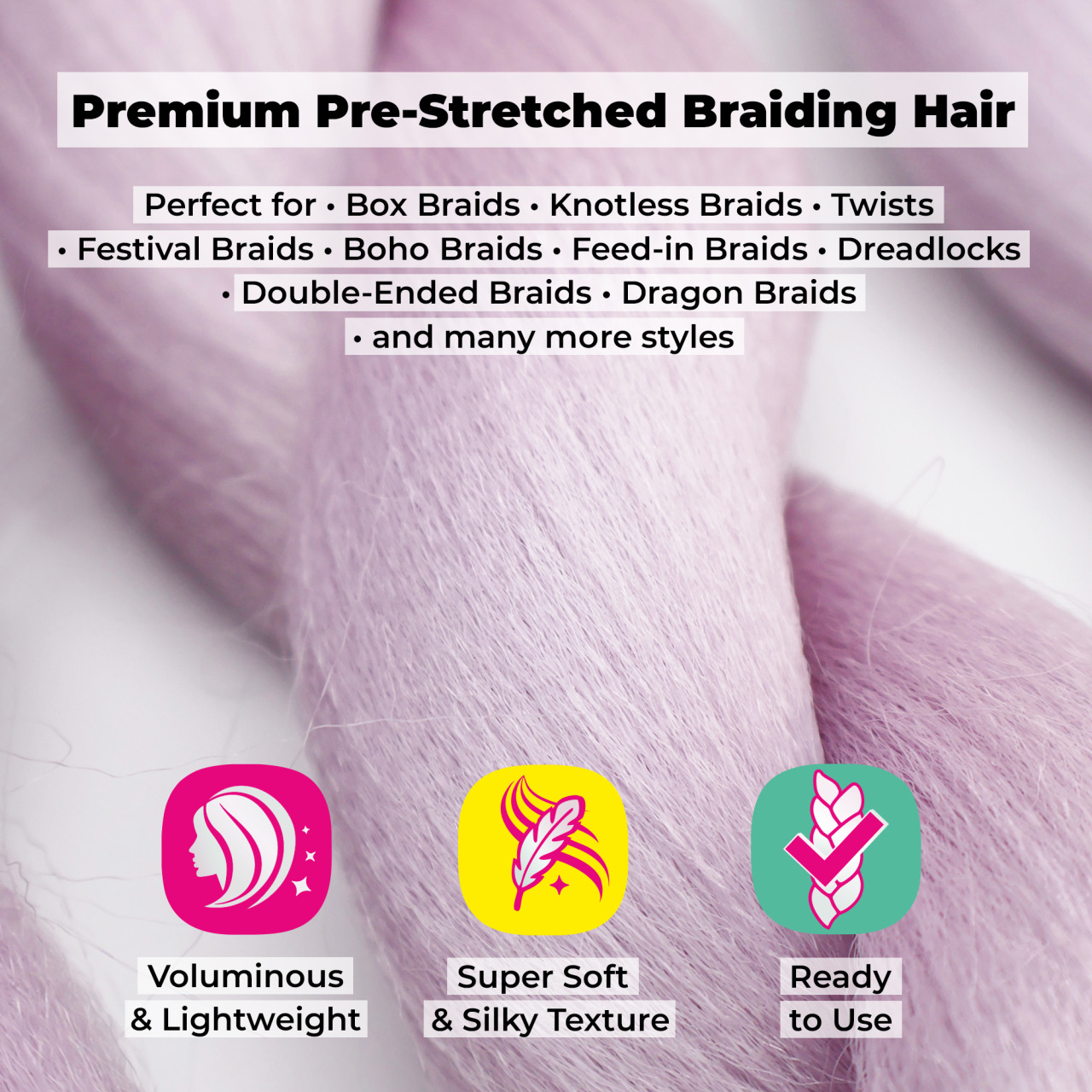 Premium Pre-Stretched Braiding Hair, Light Purple, 28 in, 10.5 oz
