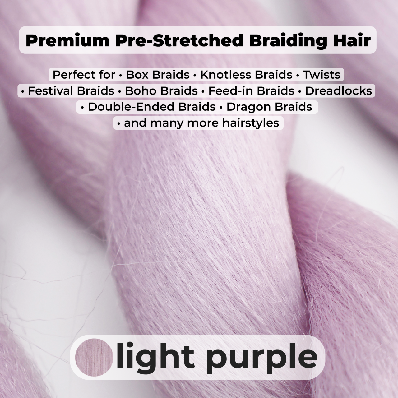Premium Light Purple Pre-Stretched Braiding Hair, 28 in (10.5 oz) — styled look