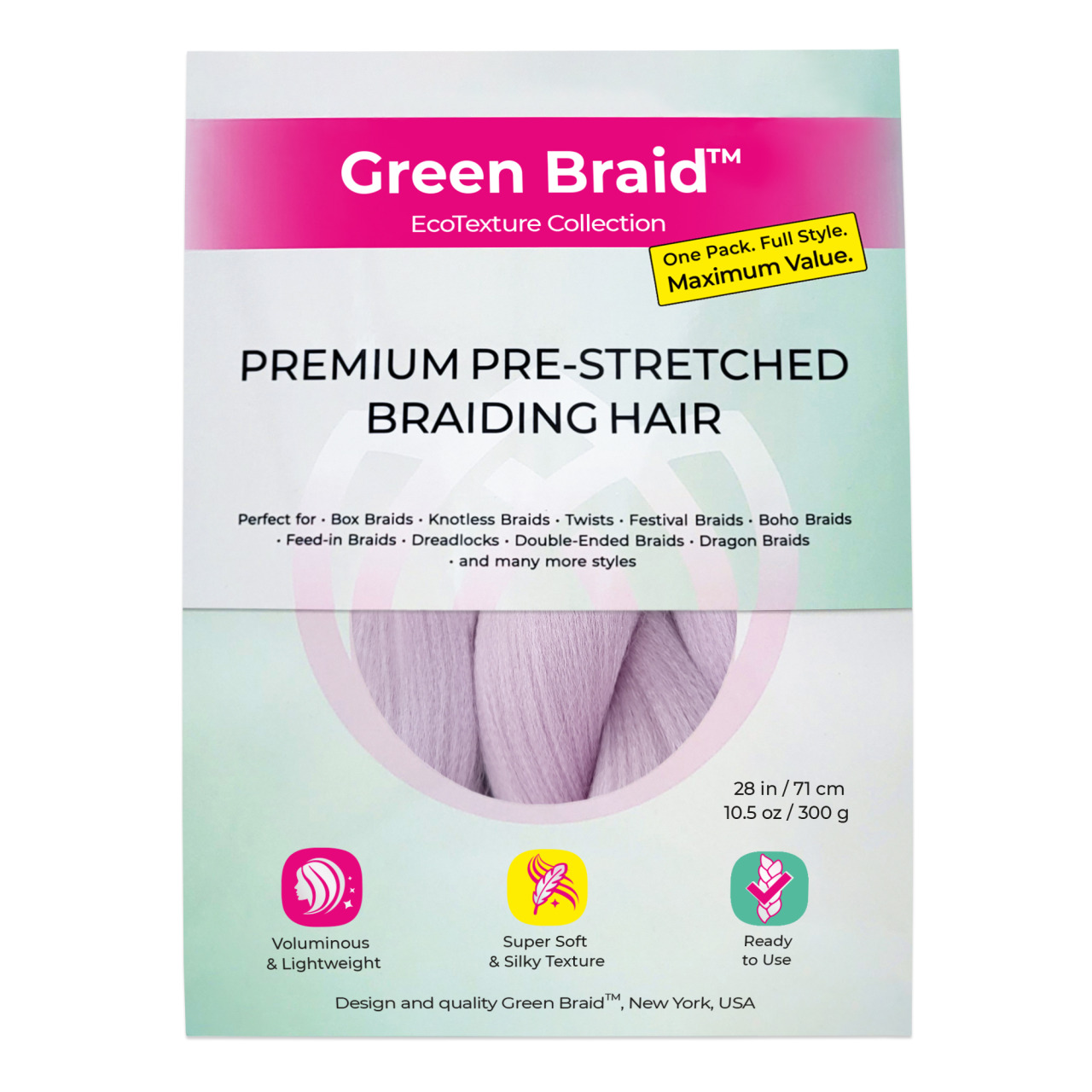 Premium Pre-Stretched Braiding Hair, Light Purple, 28 in, 10.5 oz